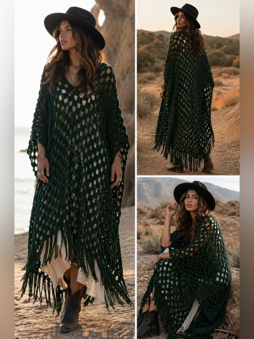 Handmade Forest Green Crochet Fringe Poncho Boho Festival Maxi Hippie western OS